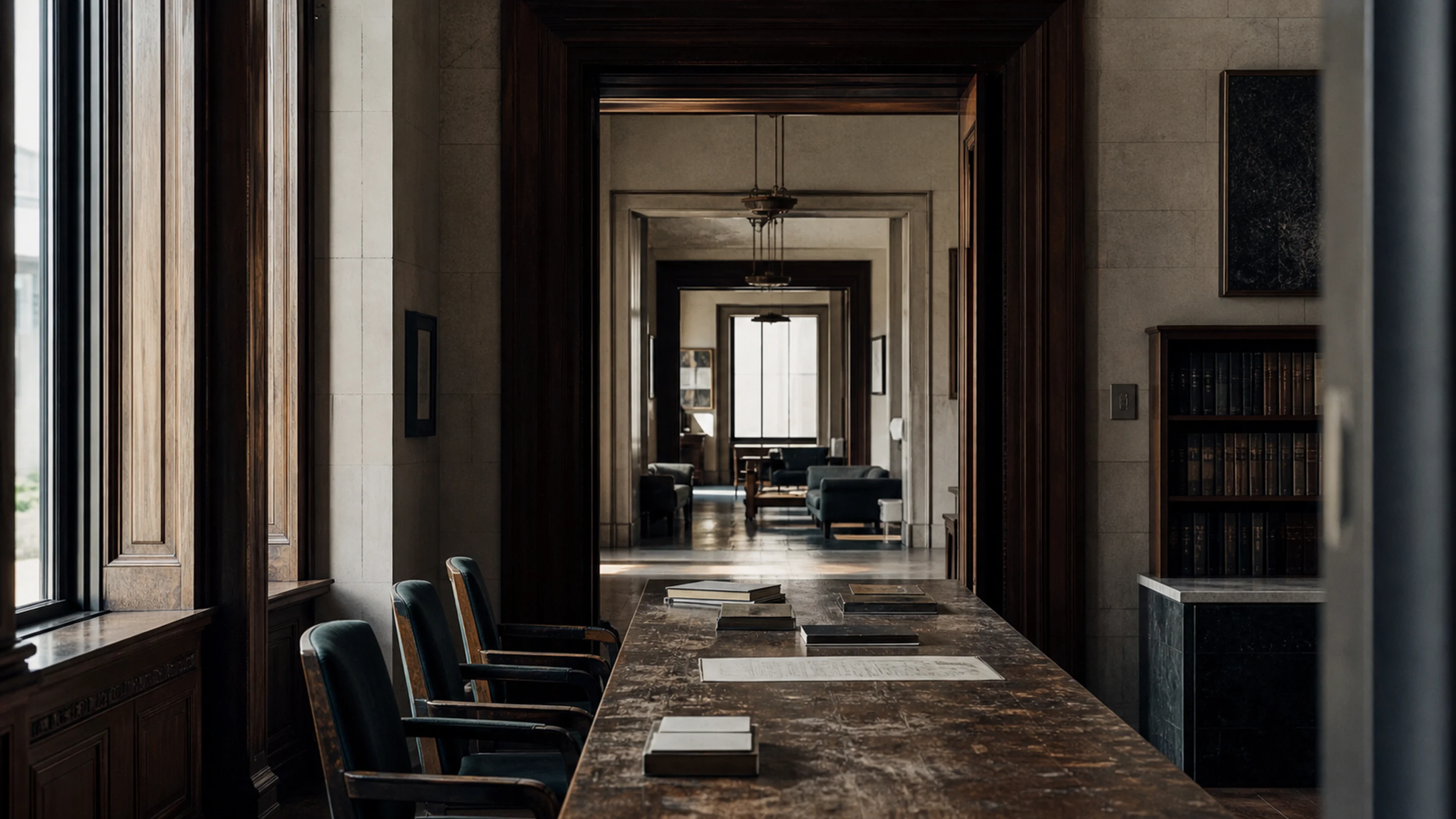 A boardroom table spread with architectural drawings