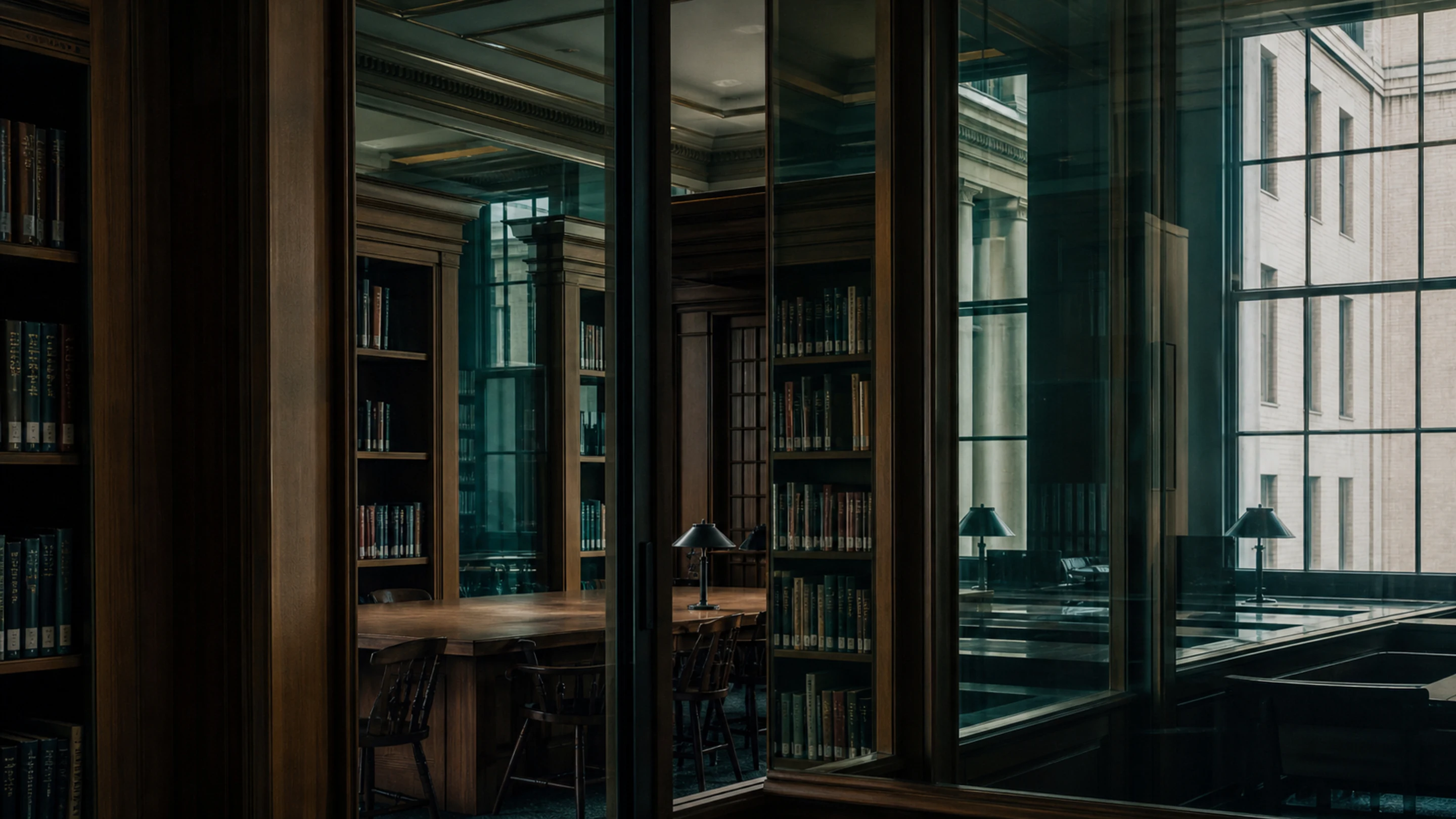 A paneled research library seen through overlapping planes of glass