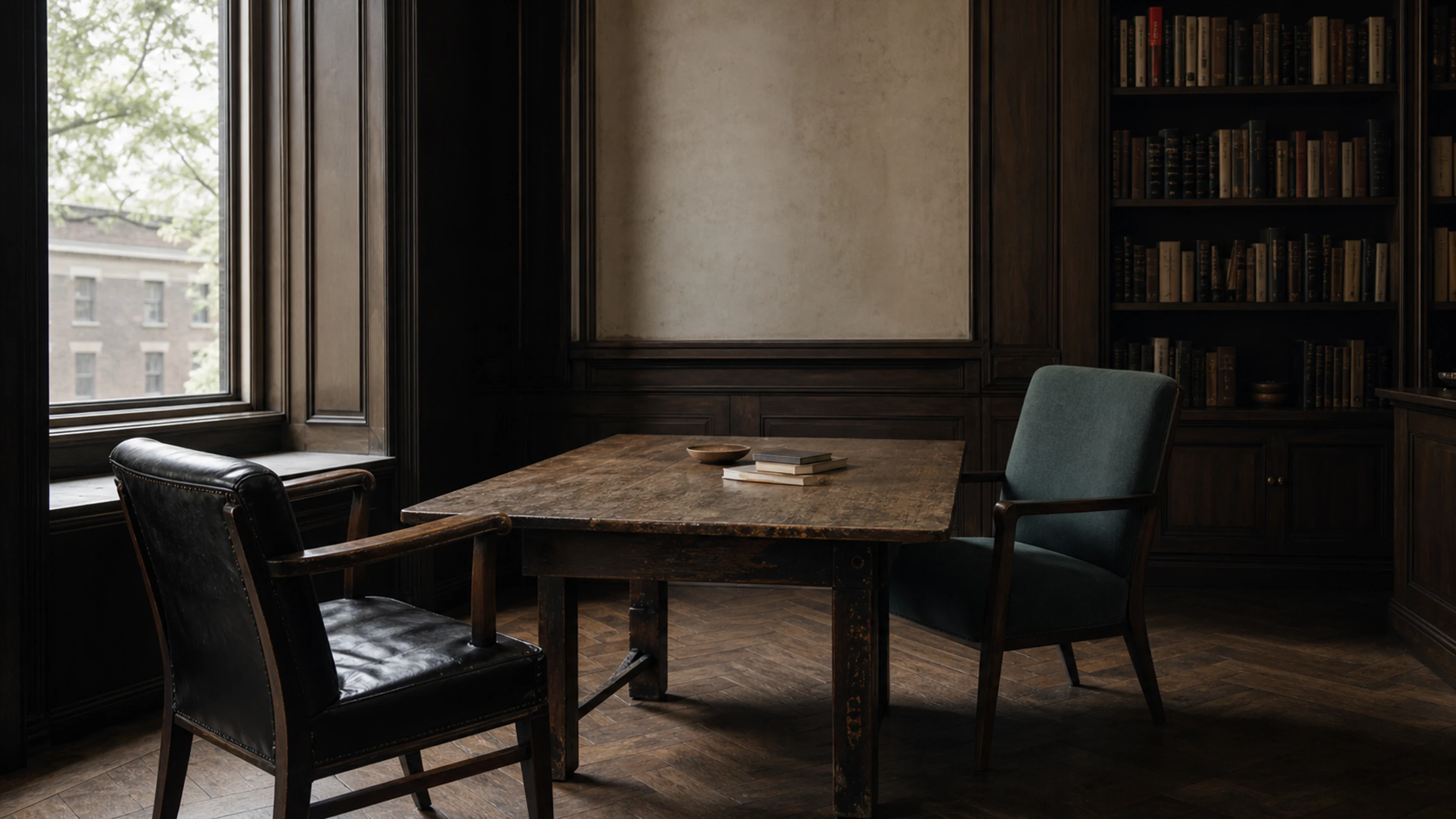 Two chairs facing across a quiet room — a reflective supervision session