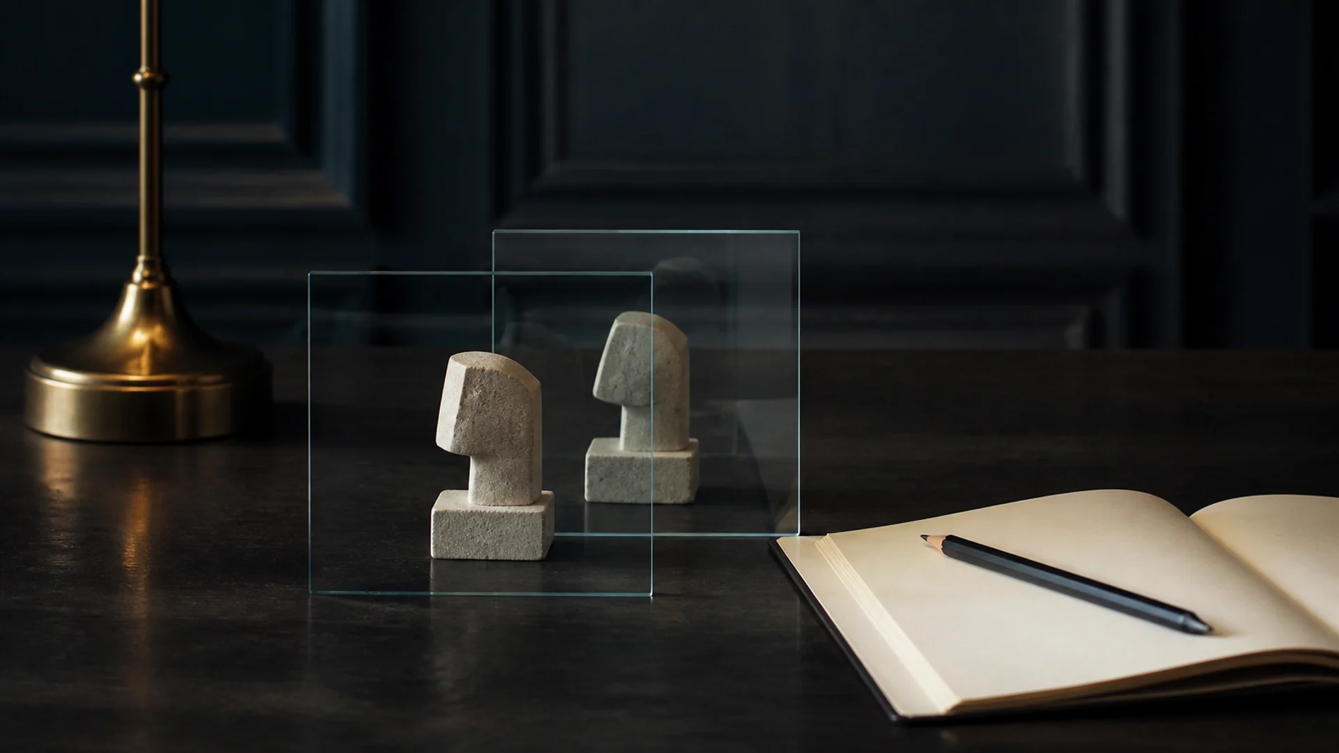 Two overlapping optical-glass planes creating alternate views of a small carved stone form