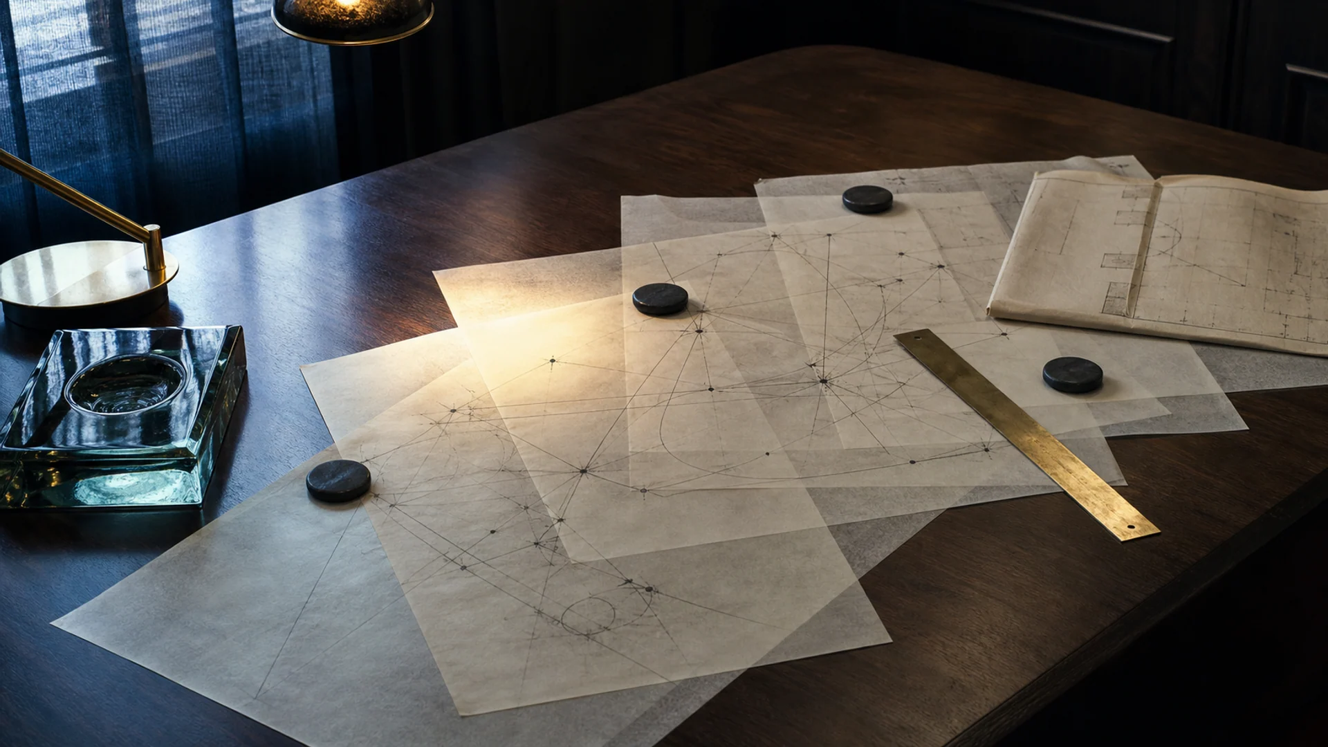 Layered vellum systems drawings, stone markers, and a brass rule on a smoked-walnut table