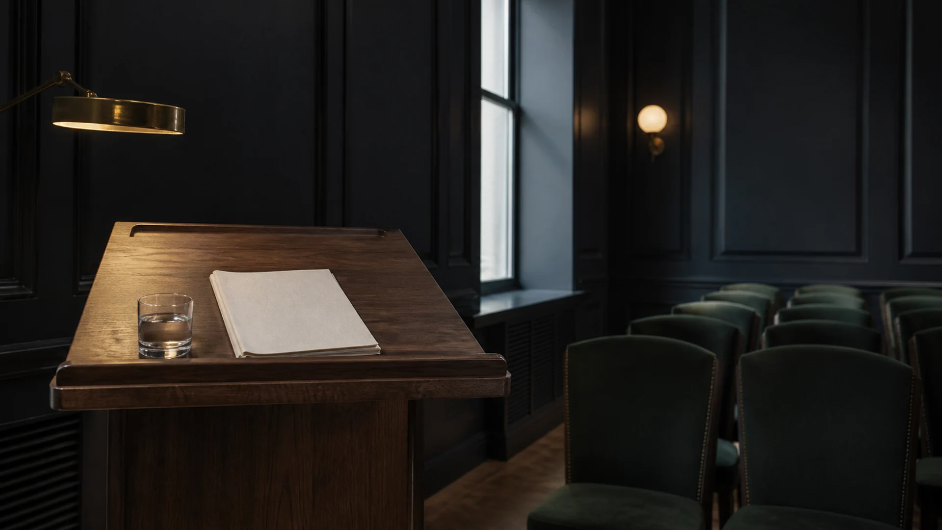 A walnut lectern, linen program, and glass of water in an intimate dark-paneled lecture room