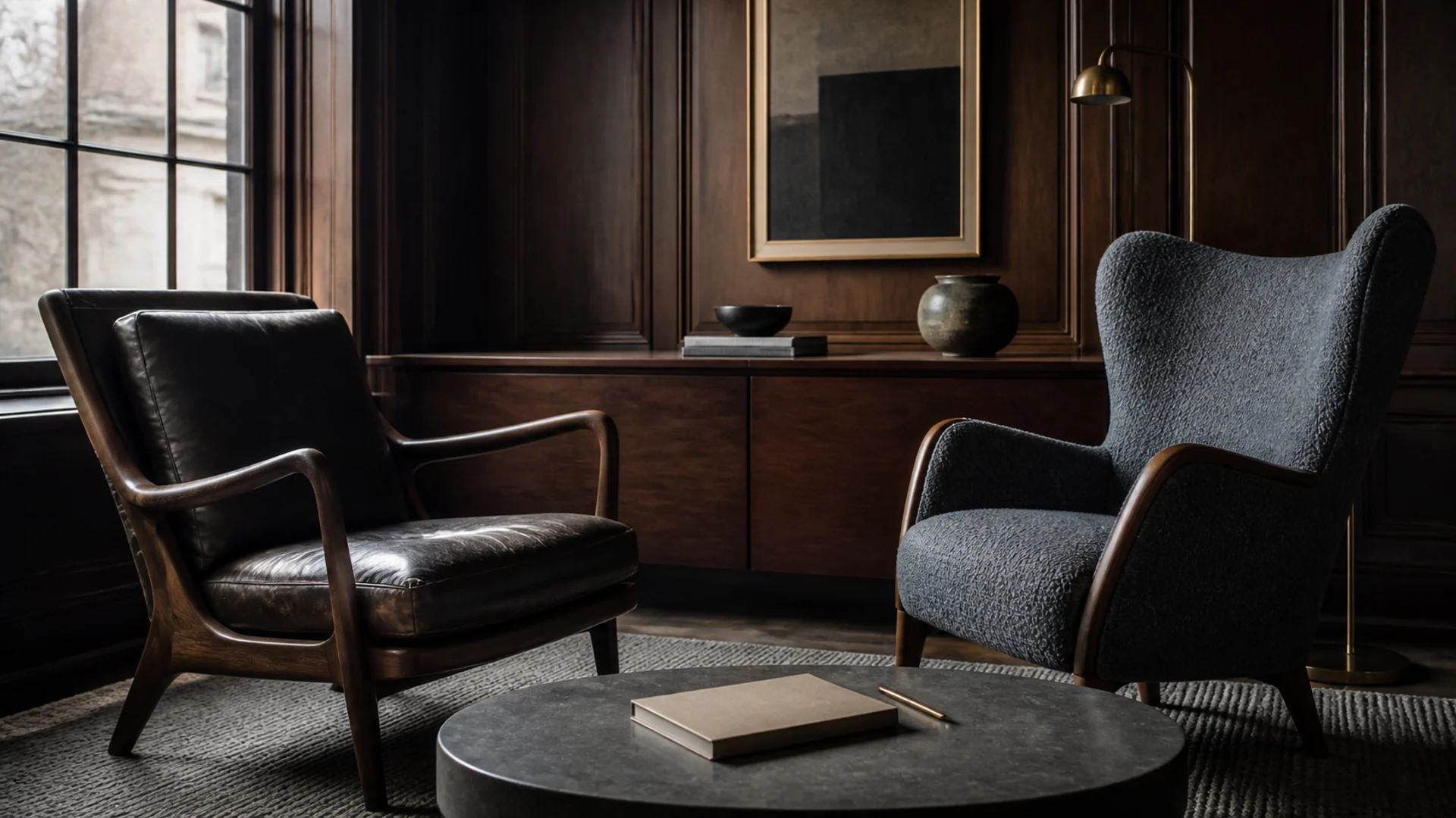 Two distinct chairs angled toward one another in a private wood-paneled study
