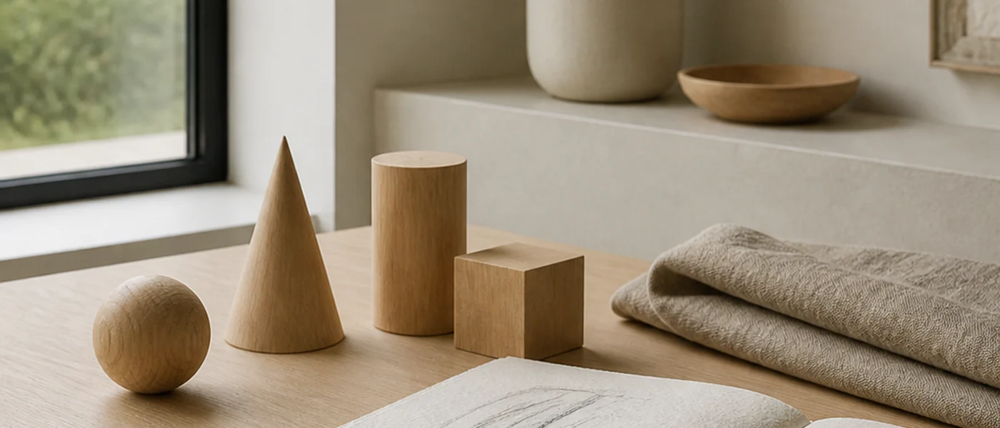 Wooden forms, paper, and drawing materials arranged on a light table