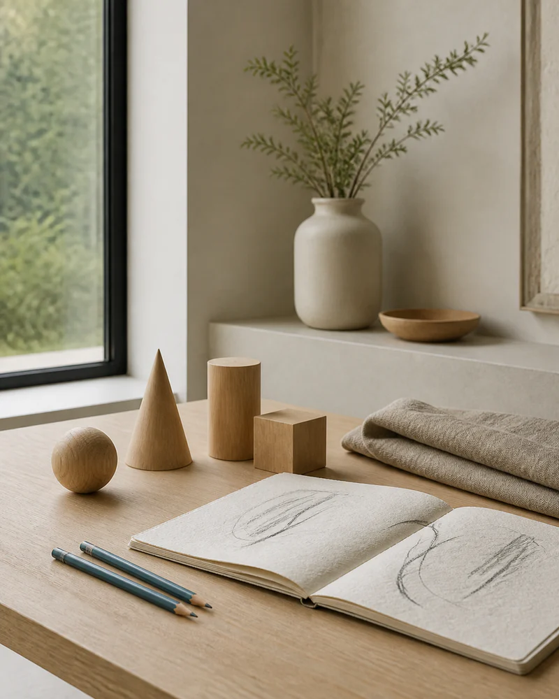 Wooden forms, paper, and drawing materials arranged on a light table
