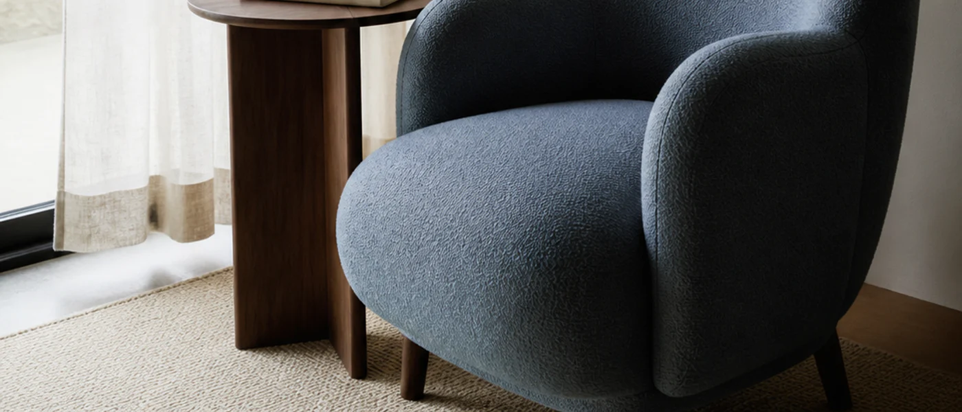 A tailored blue chair in a quiet daylight consultation room