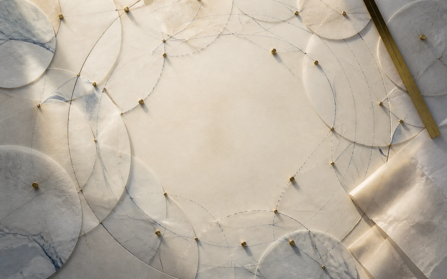 An editorial systems map made from translucent vellum, navy paths, and brass pins