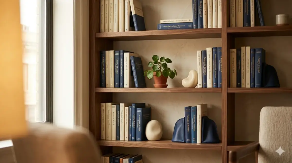 A sunlit bookshelf with books on psychotherapy and mentalization